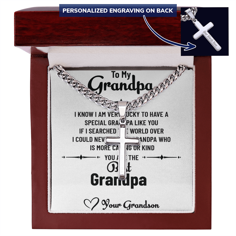 To My Special Grandpa – Personalized Cross Necklace with Cuban Link Chain Gift from Grandson with Message Card