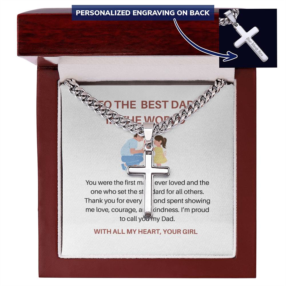 To My Dad – Personalized Cross Necklace with Cuban Link Chain from Daughter | Strong Dad, Strong Daughter