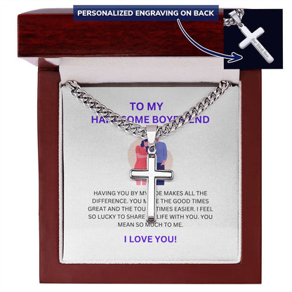 To My Handsome Boyfriend — Personalized Cross Necklace with Cuban Link Chain & Heartfelt Message Card
