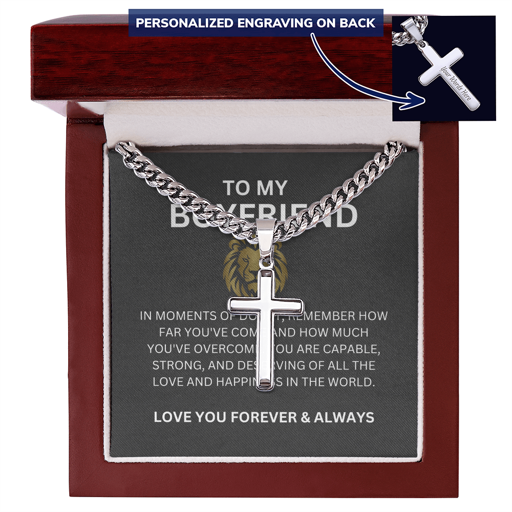 To My Special Boyfriend — Personalized Cuban Link Cross Necklace with Heartfelt Message Card