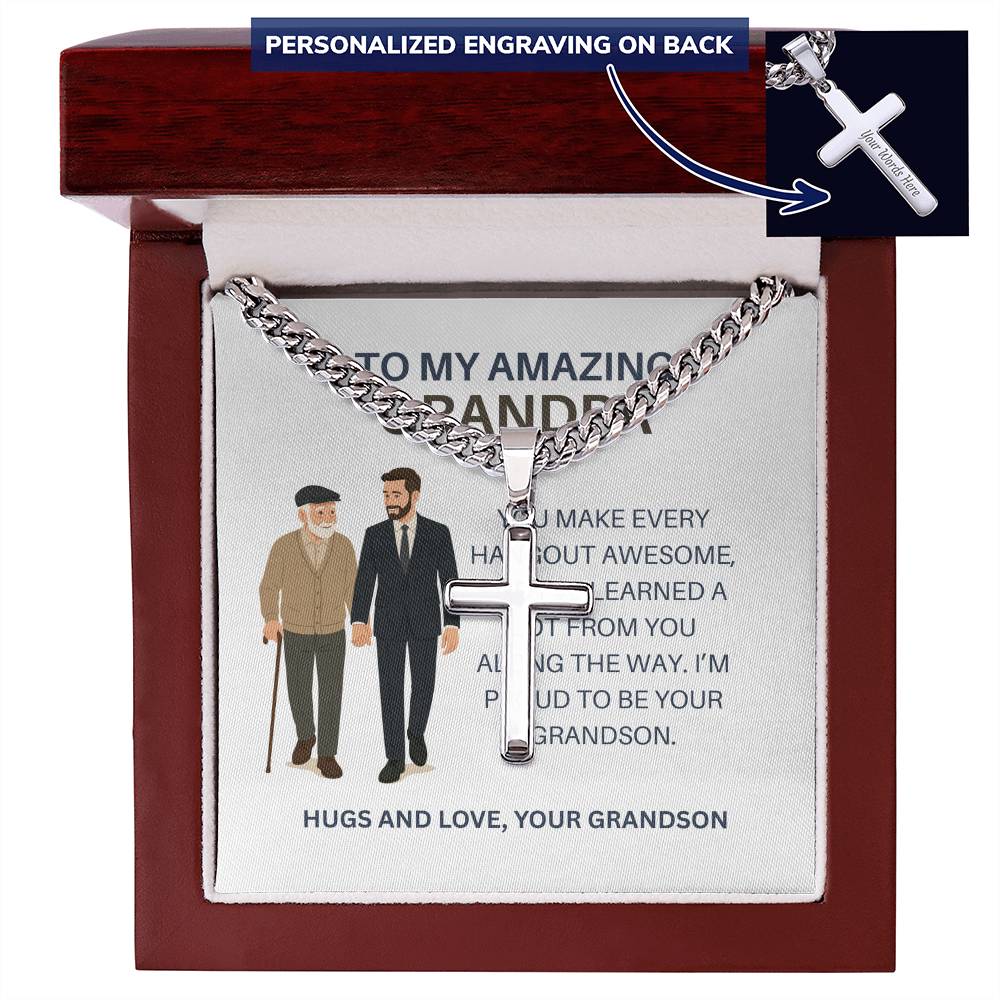 To My Dear Grandpa – Personalized Cross Necklace Cuban Link Chain Gift from Grandson
