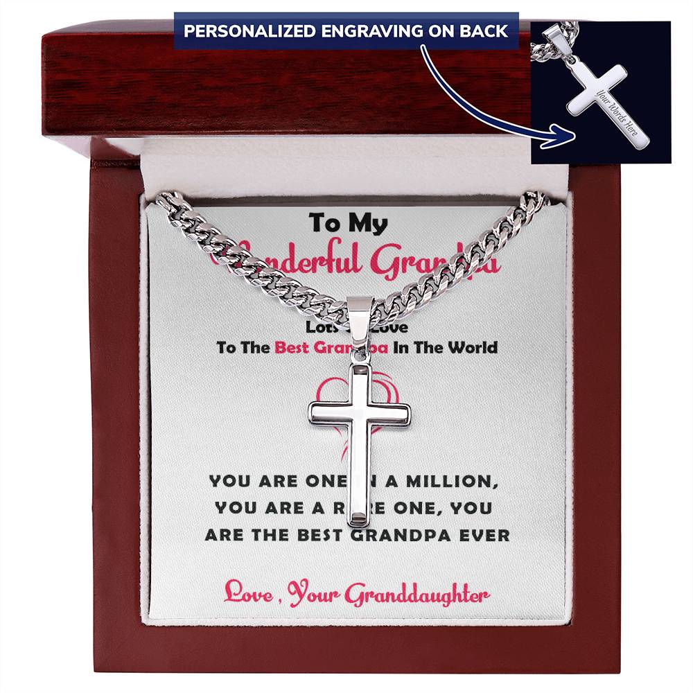 To My Wonderful Grandpa – Personalized Cross Necklace with Cuban Link Chain Gift from Granddaughter with Heartfelt Card