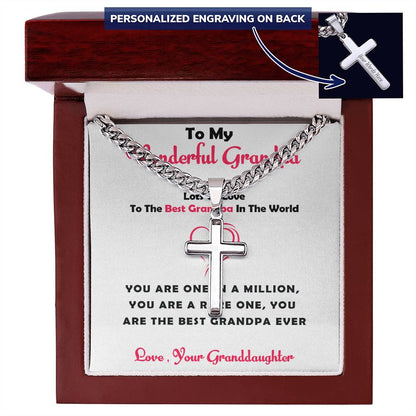 To My Wonderful Grandpa – Personalized Cross Necklace with Cuban Link Chain Gift from Granddaughter with Heartfelt Card