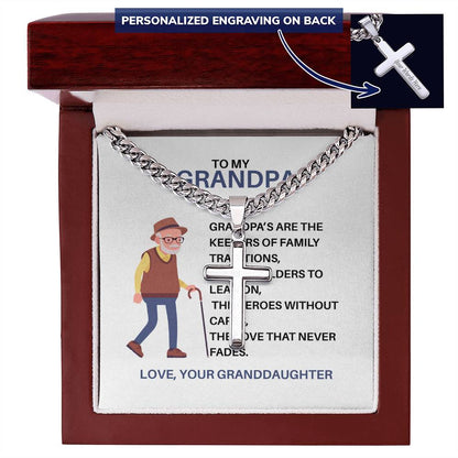 To My Hero Grandpa – Custom Cross Necklace Cuban Link Chain from Granddaughter, Gift for Grandpa