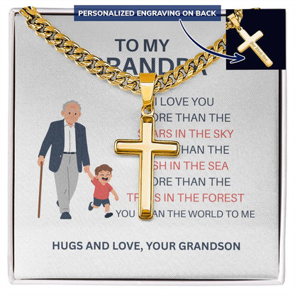 To My Beloved Grandpa – Custom Cross Necklace on Cuban Link Chain from Grandson, Gift with Heartfelt Card