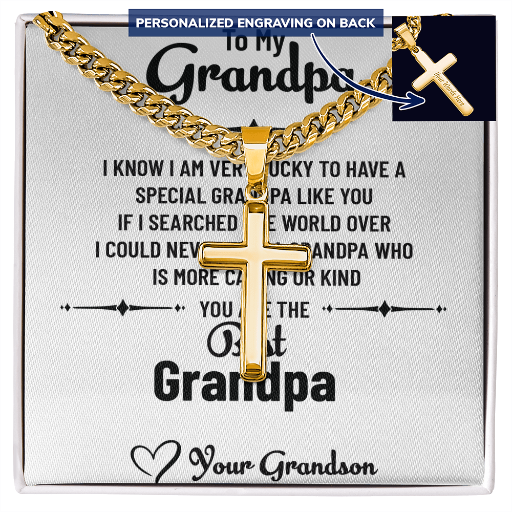 To My Special Grandpa – Personalized Cross Necklace with Cuban Link Chain Gift from Grandson with Message Card