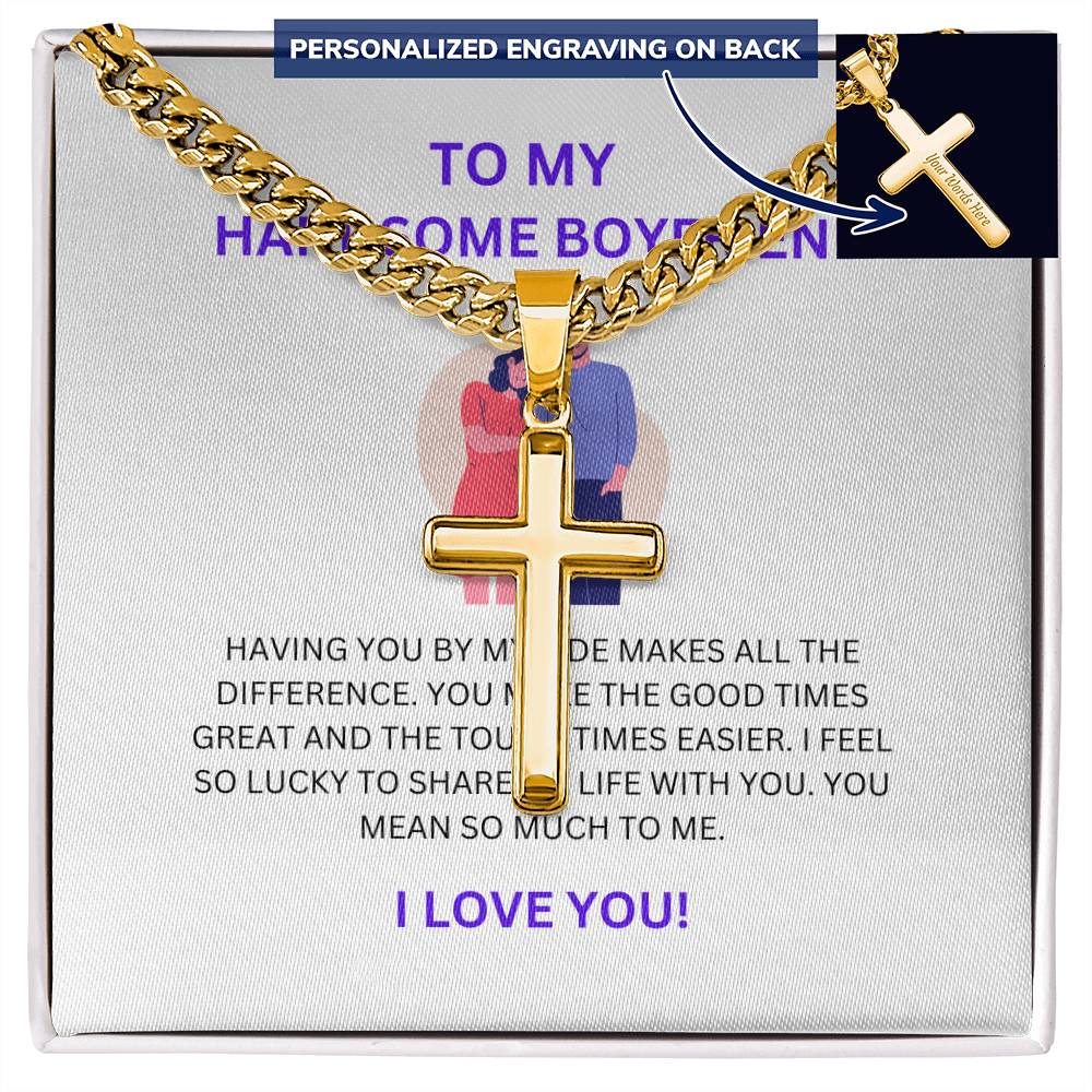 To My Handsome Boyfriend — Personalized Cross Necklace with Cuban Link Chain & Heartfelt Message Card