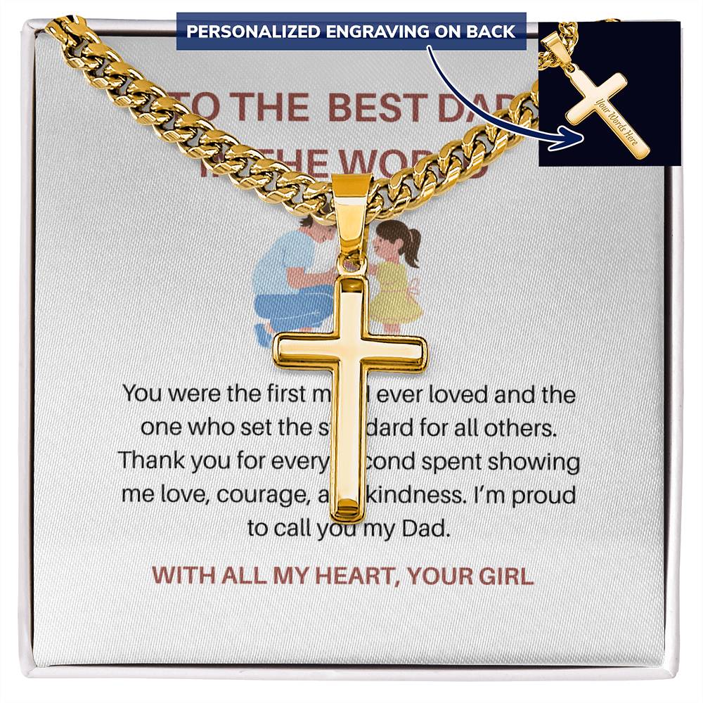 To My Dad – Personalized Cross Necklace with Cuban Link Chain from Daughter | Strong Dad, Strong Daughter