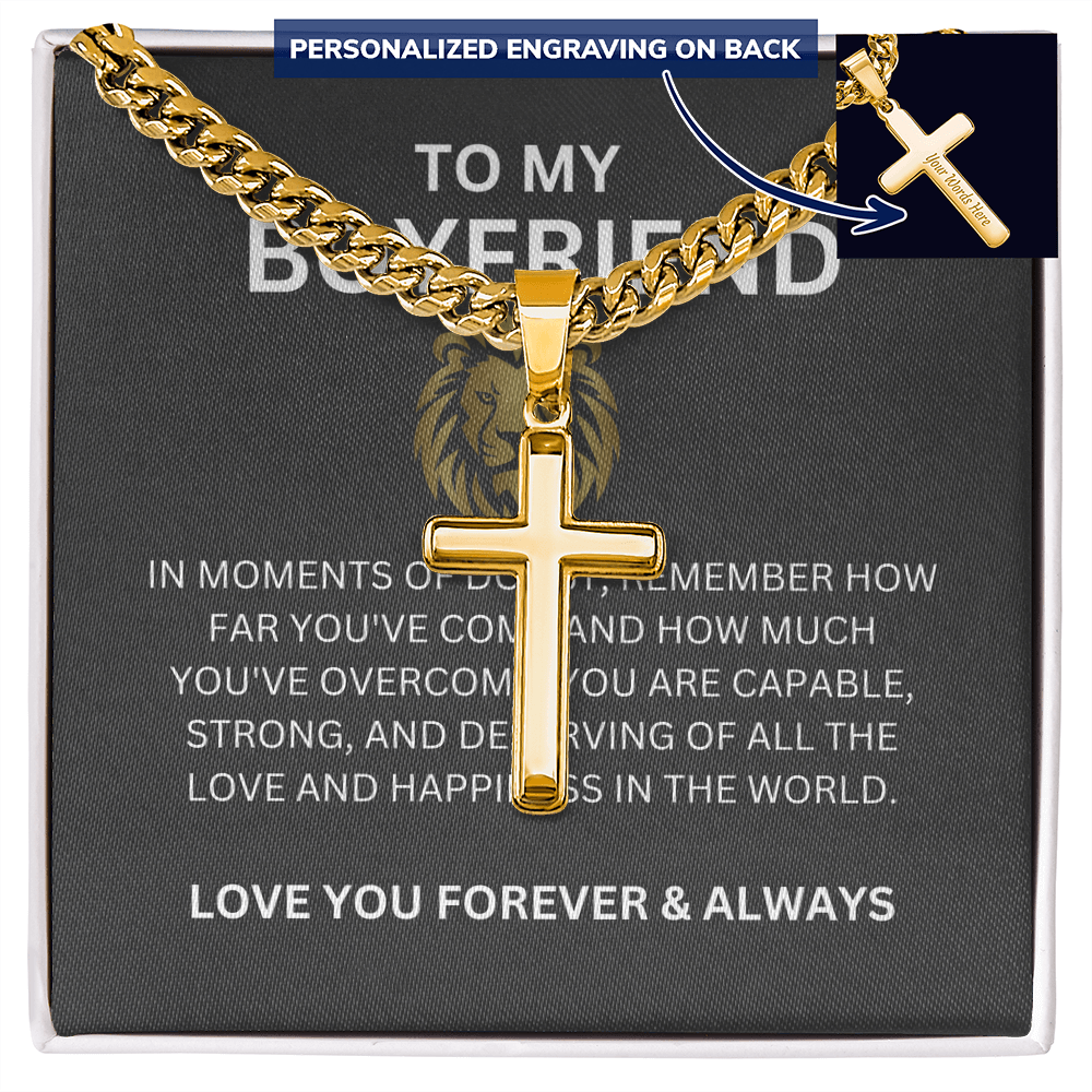 To My Special Boyfriend — Personalized Cuban Link Cross Necklace with Heartfelt Message Card