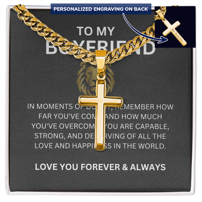 To My Special Boyfriend — Personalized Cuban Link Cross Necklace with Heartfelt Message Card