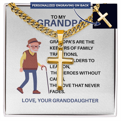 To My Hero Grandpa – Custom Cross Necklace Cuban Link Chain from Granddaughter, Gift for Grandpa