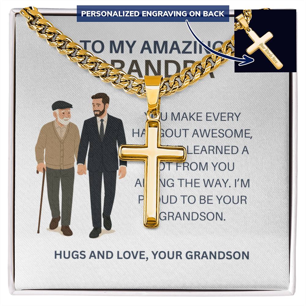 To My Dear Grandpa – Personalized Cross Necklace Cuban Link Chain Gift from Grandson
