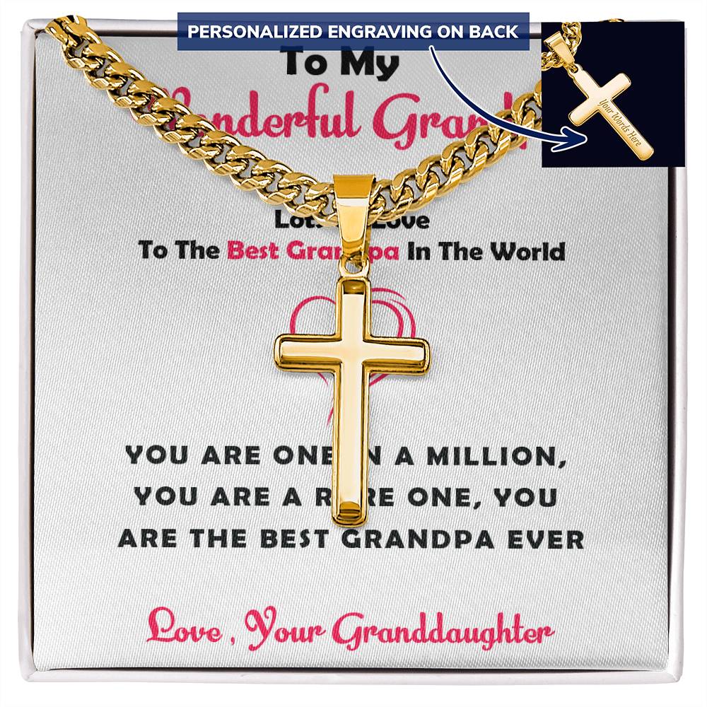 To My Wonderful Grandpa – Personalized Cross Necklace with Cuban Link Chain Gift from Granddaughter with Heartfelt Card