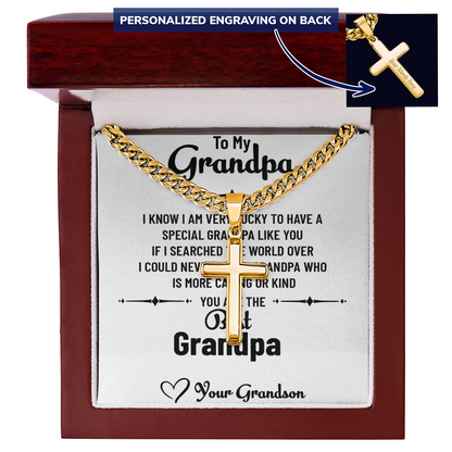 To My Special Grandpa – Personalized Cross Necklace with Cuban Link Chain Gift from Grandson with Message Card