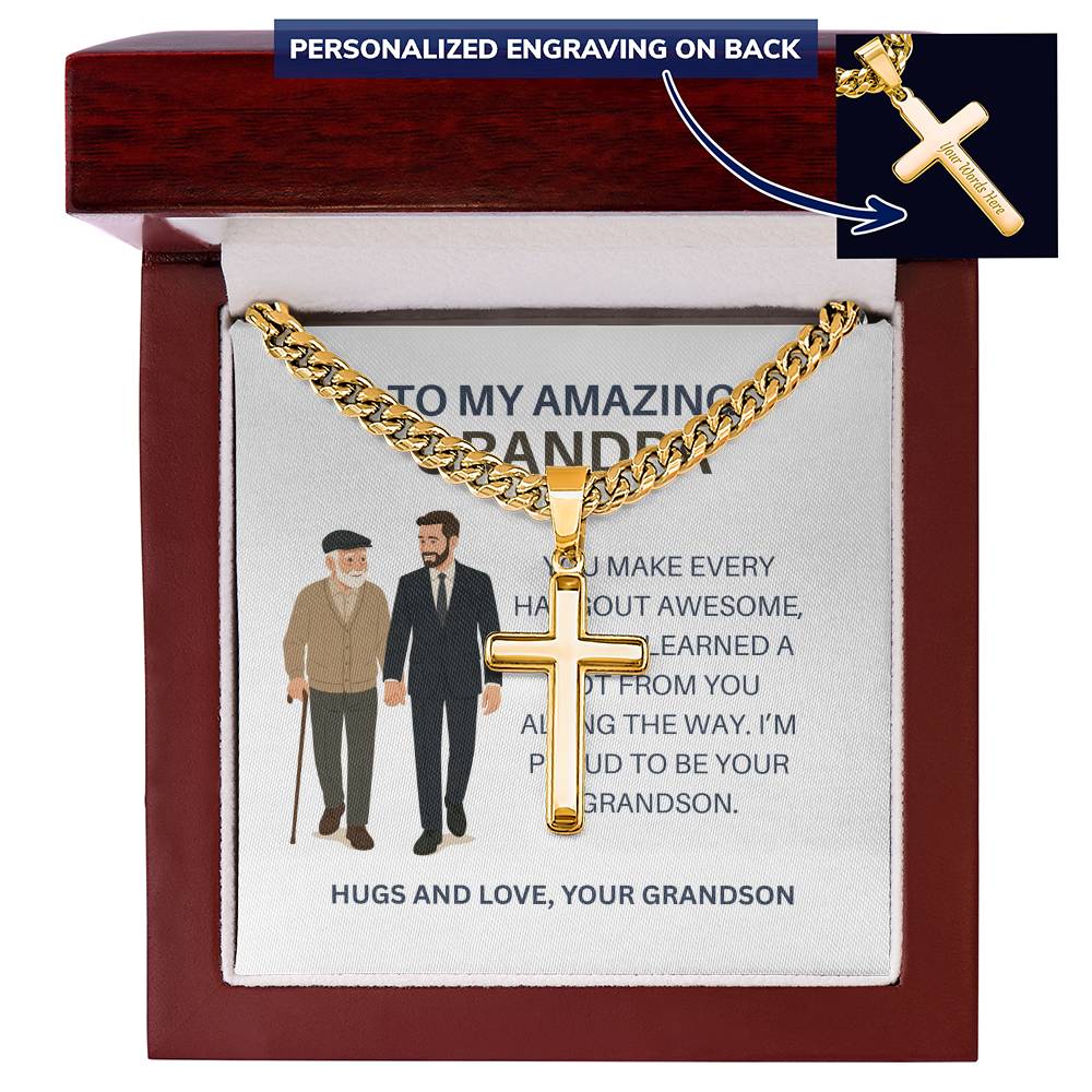 To My Dear Grandpa – Personalized Cross Necklace Cuban Link Chain Gift from Grandson