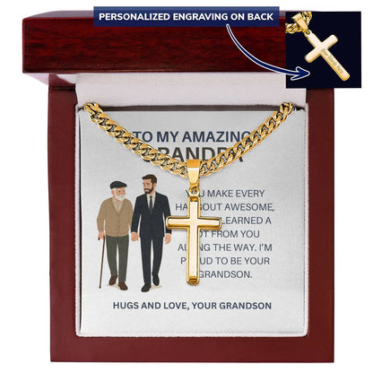 To My Dear Grandpa – Personalized Cross Necklace Cuban Link Chain Gift from Grandson