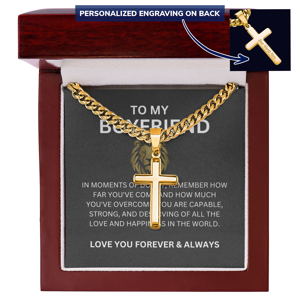 To My Special Boyfriend — Personalized Cuban Link Cross Necklace with Heartfelt Message Card