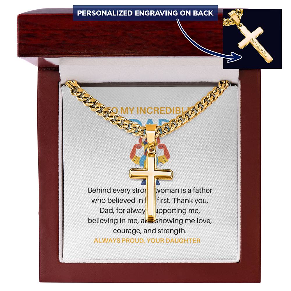 To My Dad – Personalized Cross Necklace with Cuban Link Chain from Daughter | Strong Dad, Strong Daughter