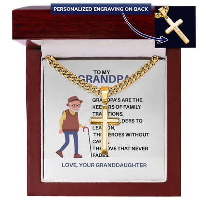 To My Hero Grandpa – Custom Cross Necklace Cuban Link Chain from Granddaughter, Gift for Grandpa