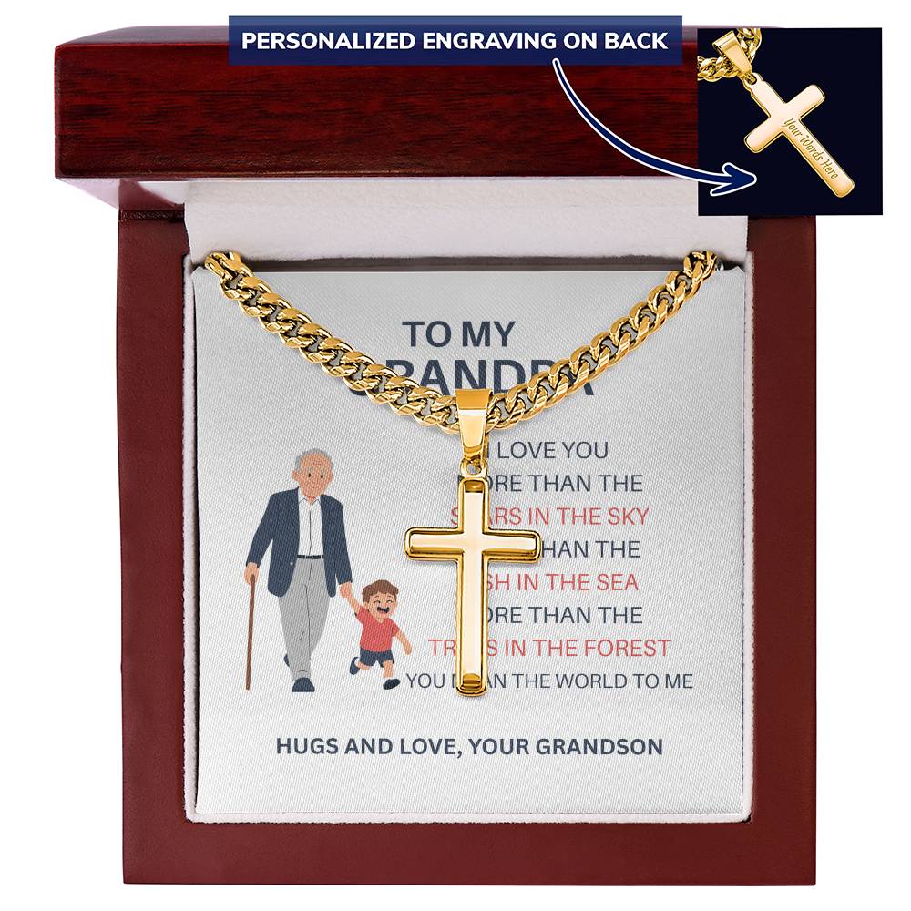 To My Beloved Grandpa – Custom Cross Necklace on Cuban Link Chain from Grandson, Gift with Heartfelt Card