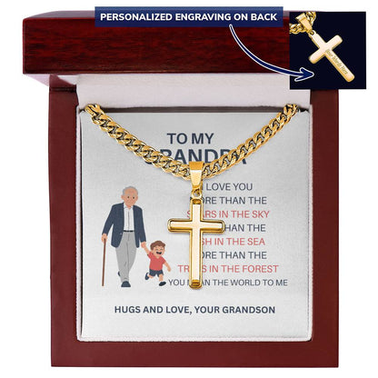 To My Beloved Grandpa – Custom Cross Necklace on Cuban Link Chain from Grandson, Gift with Heartfelt Card