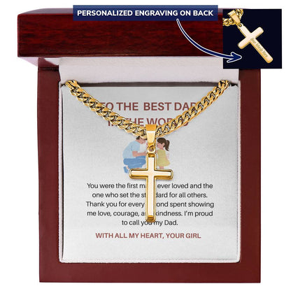 To My Dad – Personalized Cross Necklace with Cuban Link Chain from Daughter | Strong Dad, Strong Daughter