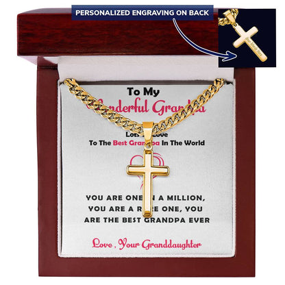To My Wonderful Grandpa – Personalized Cross Necklace with Cuban Link Chain Gift from Granddaughter with Heartfelt Card