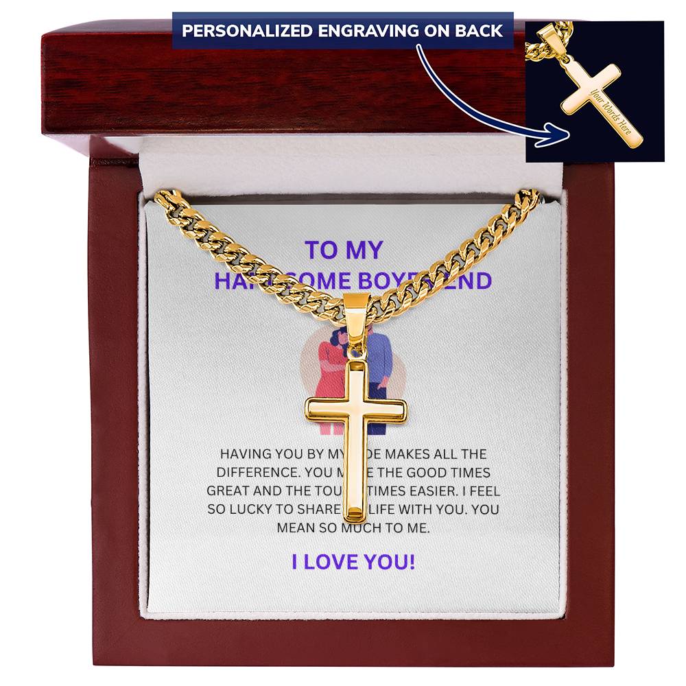 To My Handsome Boyfriend — Personalized Cross Necklace with Cuban Link Chain & Heartfelt Message Card