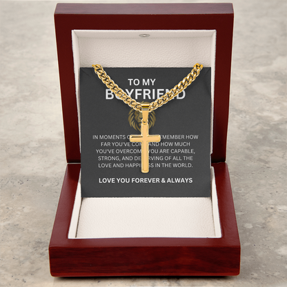 To My Special Boyfriend — Personalized Cuban Link Cross Necklace with Heartfelt Message Card