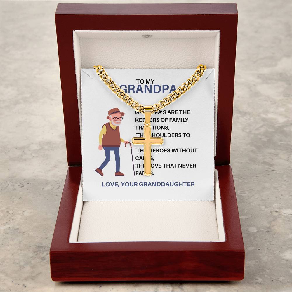 To My Hero Grandpa – Custom Cross Necklace Cuban Link Chain from Granddaughter, Gift for Grandpa