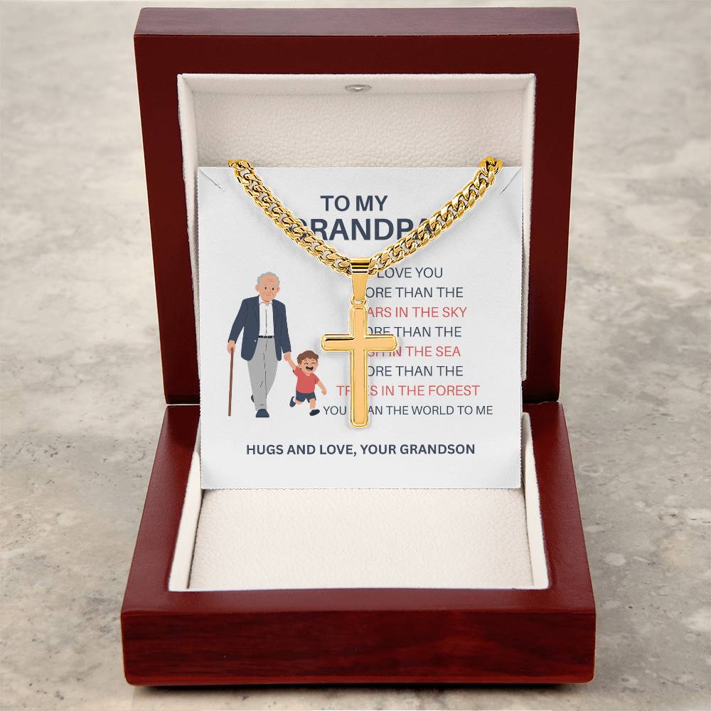 To My Beloved Grandpa – Custom Cross Necklace on Cuban Link Chain from Grandson, Gift with Heartfelt Card
