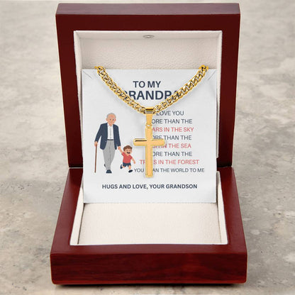 To My Beloved Grandpa – Custom Cross Necklace on Cuban Link Chain from Grandson, Gift with Heartfelt Card