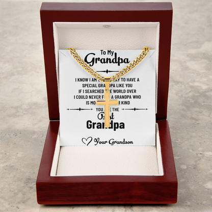 To My Special Grandpa – Personalized Cross Necklace with Cuban Link Chain Gift from Grandson with Message Card