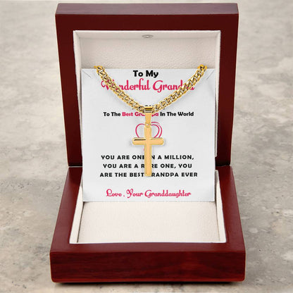 To My Wonderful Grandpa – Personalized Cross Necklace with Cuban Link Chain Gift from Granddaughter with Heartfelt Card