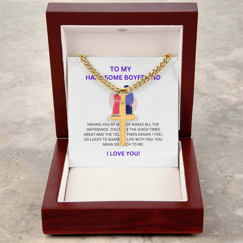 To My Handsome Boyfriend — Personalized Cross Necklace with Cuban Link Chain & Heartfelt Message Card