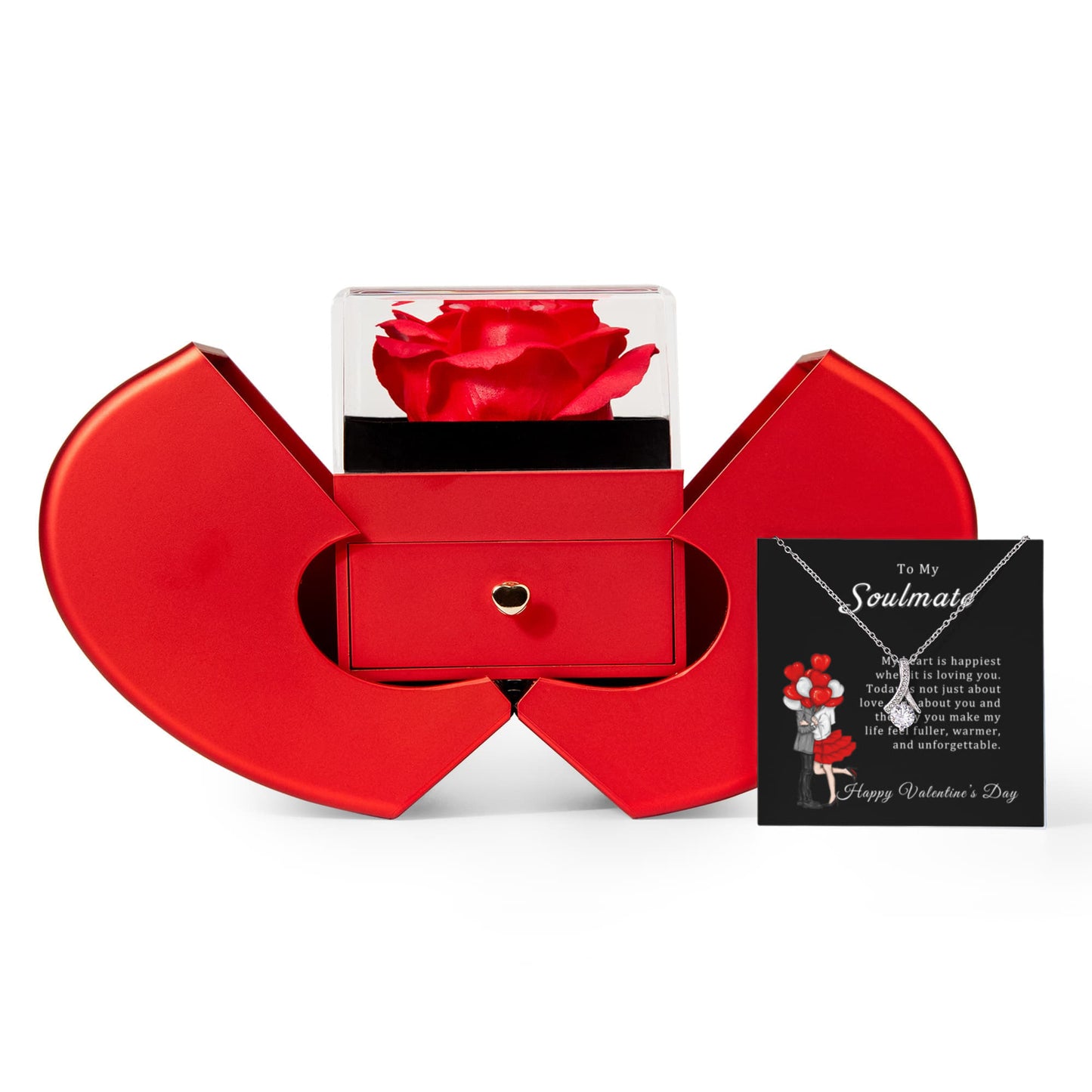 Romantic Soulmate Necklace Gift for Girlfriend with Red Heart Rose Box & Valentine’s Card
