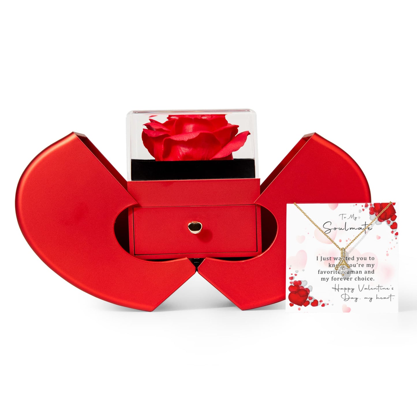 Valentine's Day Soulmate Necklace with Red Heart Shaped Rose Box & Romantic Love Message Card