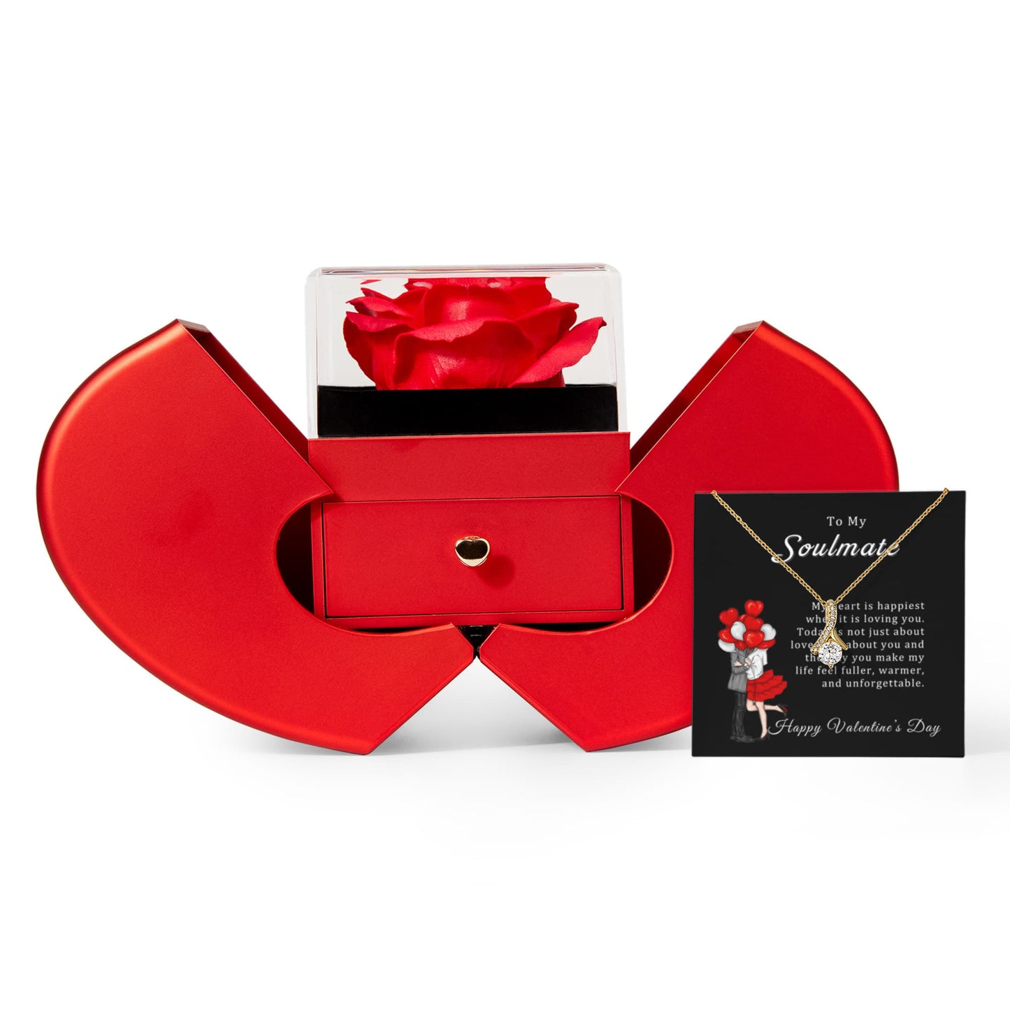 Romantic Soulmate Necklace Gift for Girlfriend with Red Heart Rose Box & Valentine’s Card
