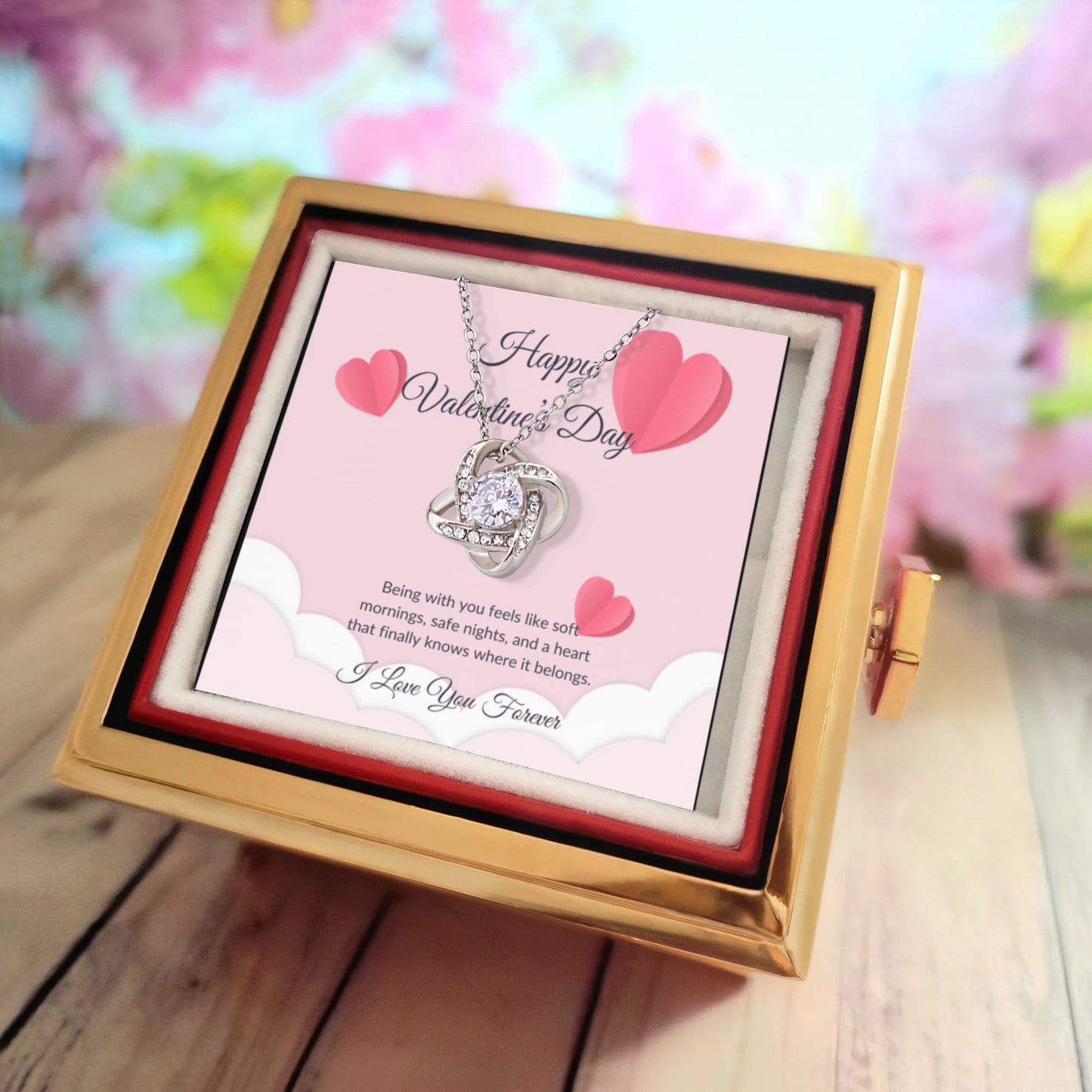 Necklace Gift for Girlfriend with Rotating Rose Box & Love Message Card – Valentine's Day Gift