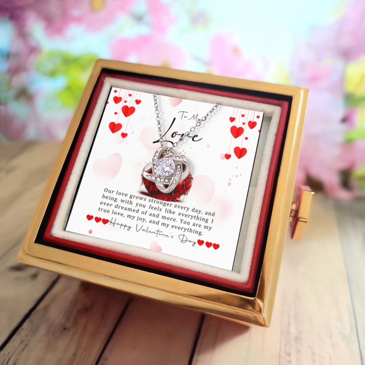 To My Love Knot Necklace with Rotating Rose Box & Love Message Card – Valentine’s Day Gift