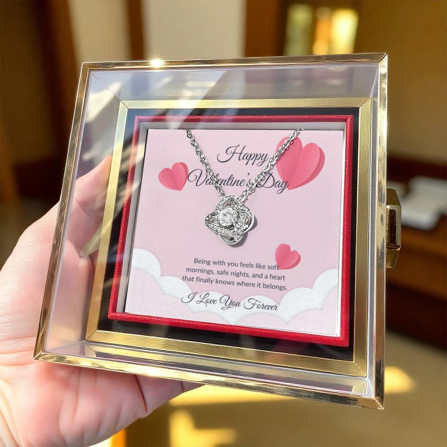 Necklace Gift for Girlfriend with Rotating Rose Box & Love Message Card – Valentine's Day Gift