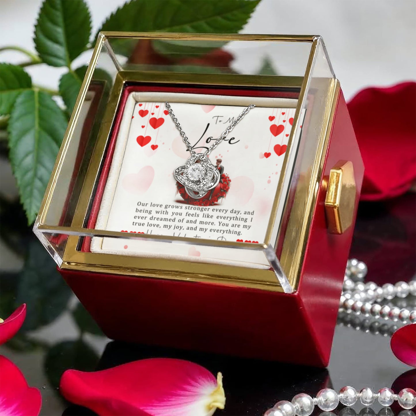 To My Love Knot Necklace with Rotating Rose Box & Love Message Card – Valentine’s Day Gift