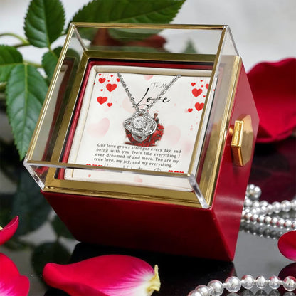 To My Love Knot Necklace with Rotating Rose Box & Love Message Card – Valentine’s Day Gift