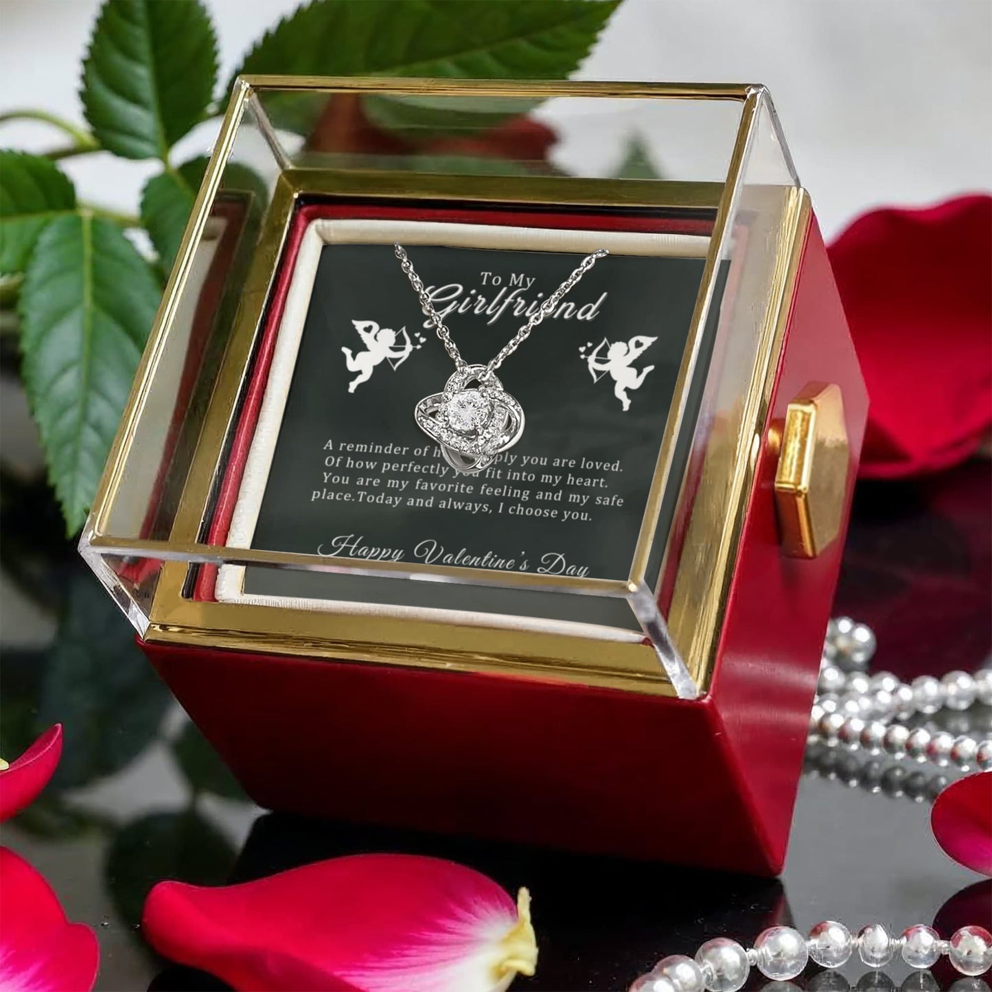 To My Girlfriend Knot Necklace with Rotating Rose Box & Love Message Card – Valentine’s Gift
