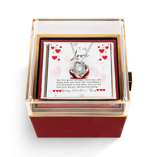 To My Love Knot Necklace with Rotating Rose Box & Love Message Card – Valentine’s Day Gift