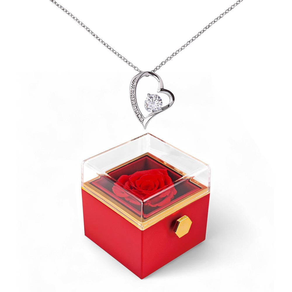 Valentine's Day Love-Shaped Necklace Gift for Girlfriend with Rotating Rose Box