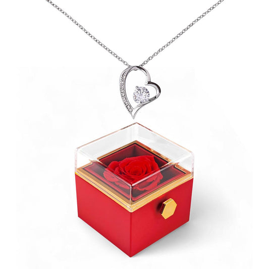Valentine's Day Love-Shaped Necklace Gift for Girlfriend with Rotating Rose Box