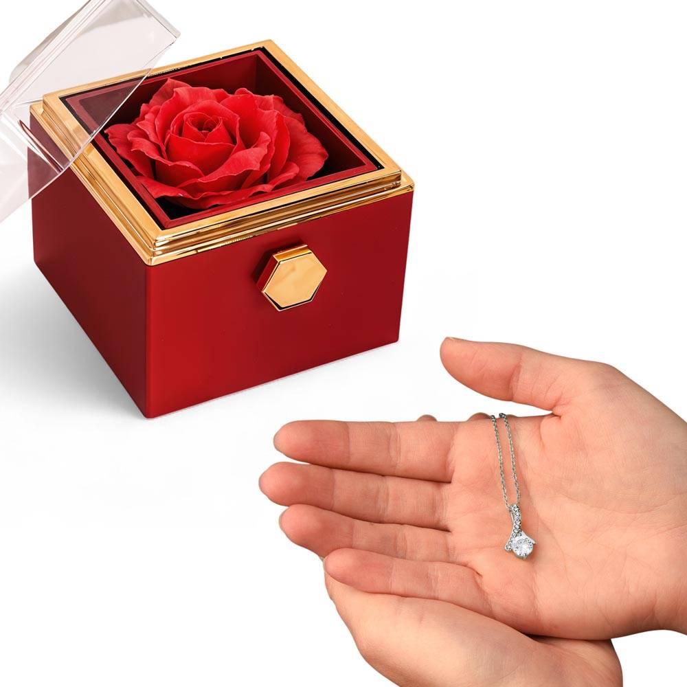 Romantic Necklace Gift for Her with Rotating Rose Flower Box for Valentine's Day